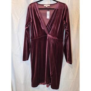 LOFT Velvet Faux Sheath Dress Med Wine Burgundy V Neck Stretch Long Sleeve